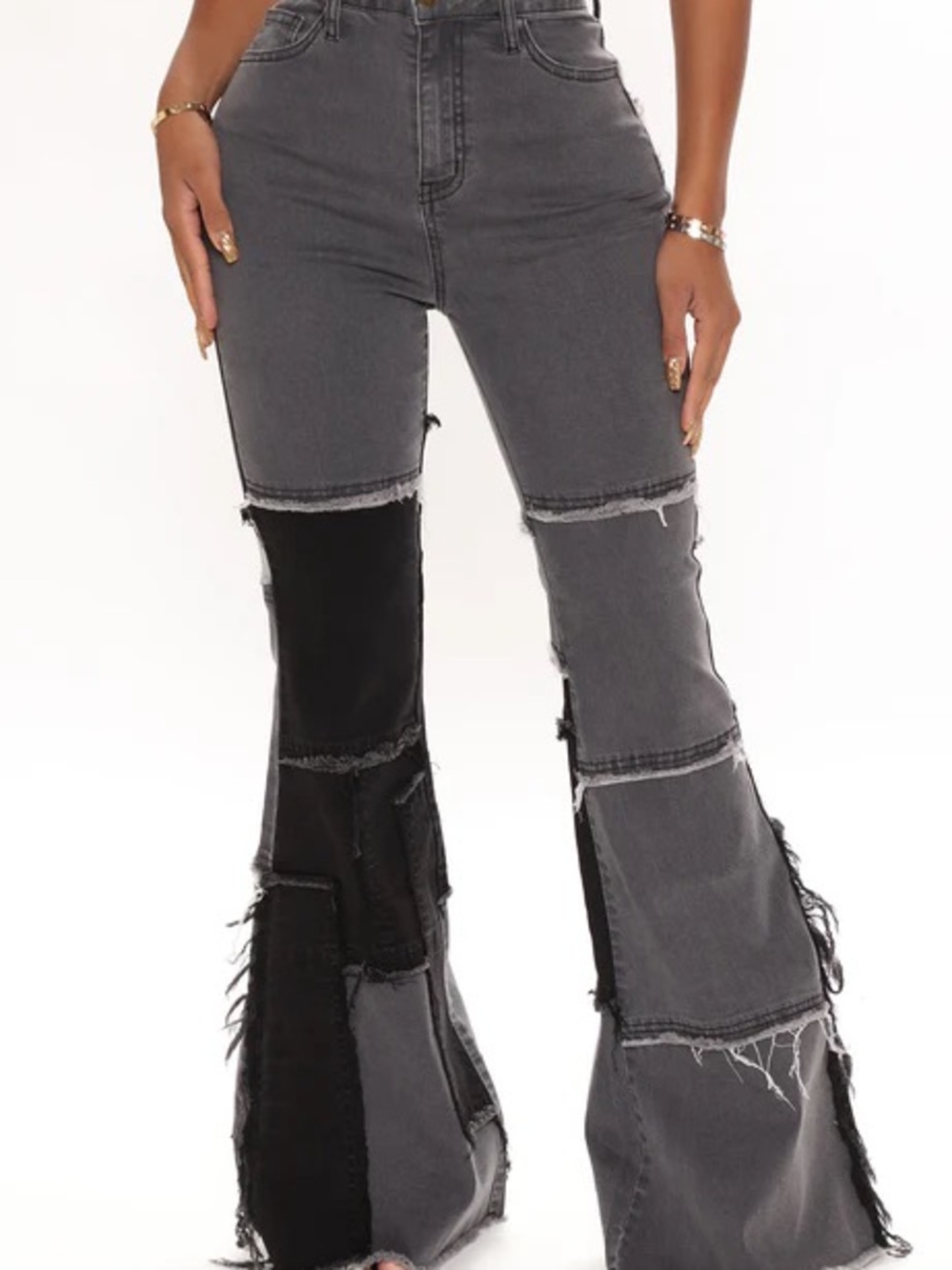 Fashion Nova Two-Tone Gray & Black Patchwork Flare Jeans